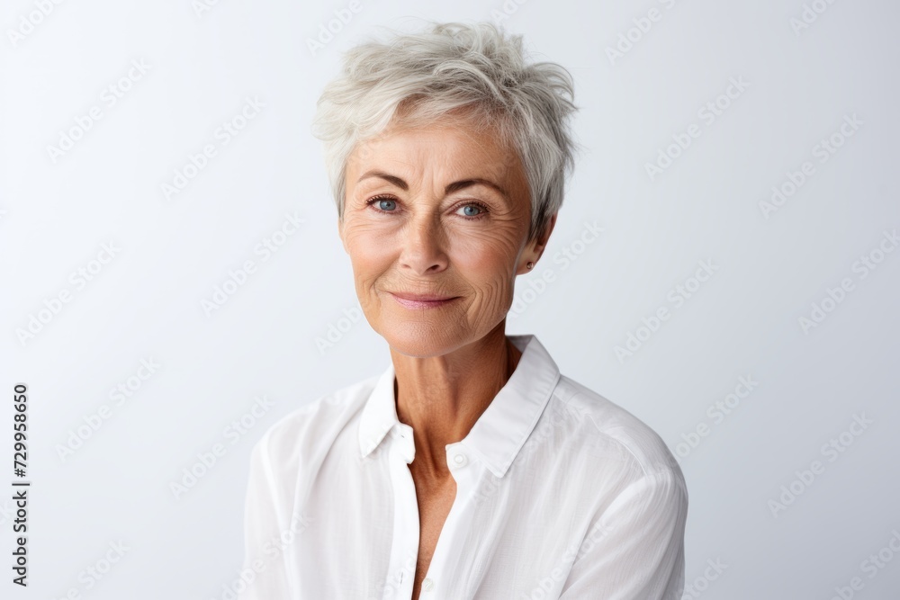 Portrait of mature woman with grey hair and white shirt looking at camera Portrait of mature woman with grey hair and white shirt looking at camera