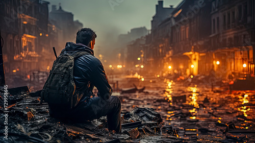 Einsamer Mann vor den brennenden Trümmern einer zerstörten Stadt, Generative AI