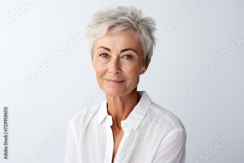 Portrait of mature woman with grey hair and white shirt looking at camera
