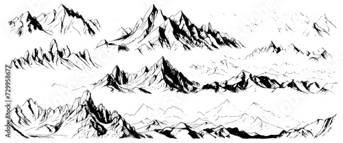 Mountain sketch landscape in black on a white background. Hand drawn sketch style rocky peaks. Vector landscape illustration. banner photo