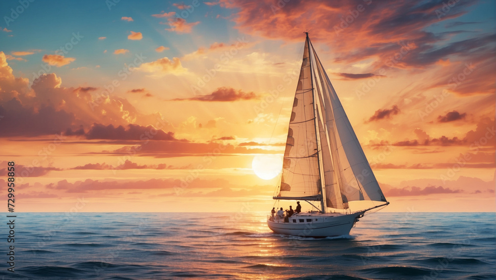a boat with a sail sails into the sunset