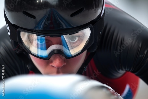 closeup of a luge athletes face with helmet and goggles on the start line