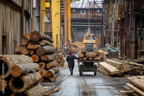 person pulling a cart laden with timber through a lumberyard photo