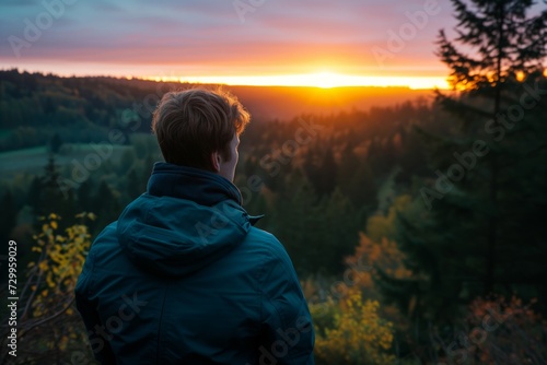 Canvas Print guy watching sunrise from forest hilltop