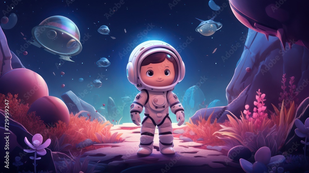 Obraz premium Illustration of an astronaut in space, children's costume astronaut suit and helmet, the theme of knowledge and education. White background illustration.