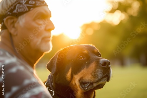 man with a bandana and a rottweiler on a sunset park trot photo