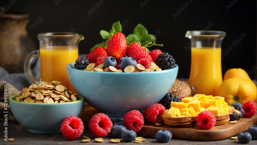 concept of healthy eating. breakfast with muesli, fruit, fresh juice, egg. on a dark background concept of healthy eating. breakfast with muesli, fruit, fresh juice, egg. on a dark background
