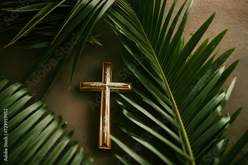 Christian wooden cross with palm tree leaves background 