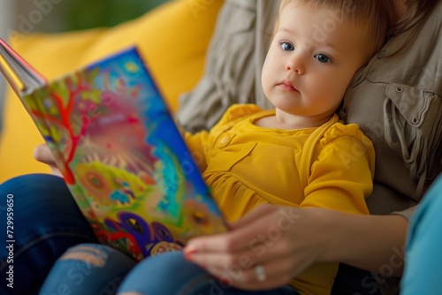 child snuggled in moms lap, colorful storybook held up