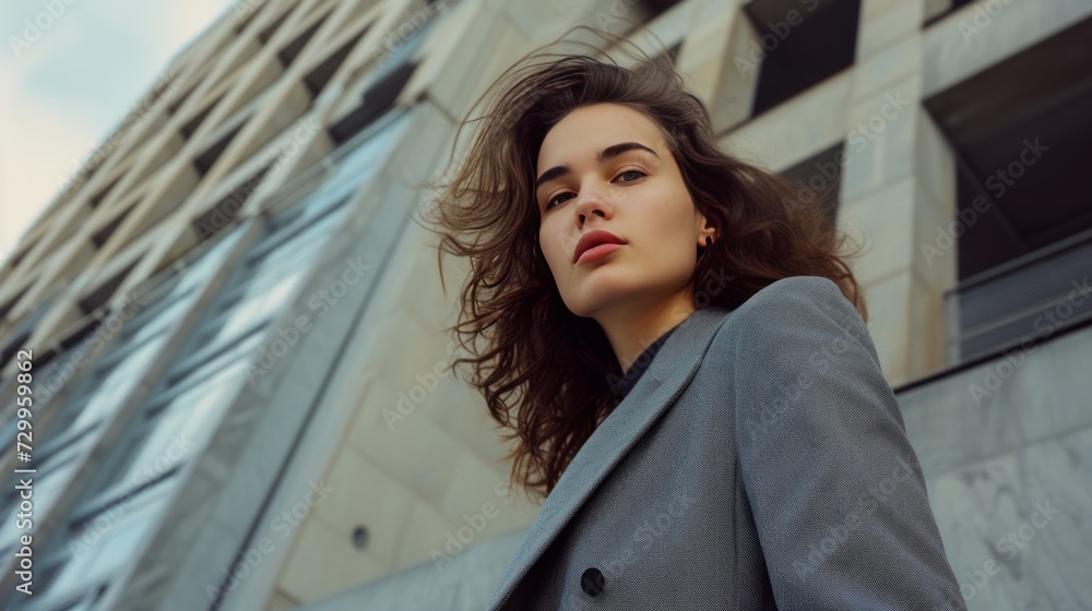 A businesswoman with long brown hair is photographed from below. Businesswoman walking in front of an office building. Independent, self-reliant, female leader. Created with Generative AI. A businesswoman with long brown hair is photographed from below. Businesswoman walking in front of an office building. Independent, self-reliant, female leader. Created with Generative AI.