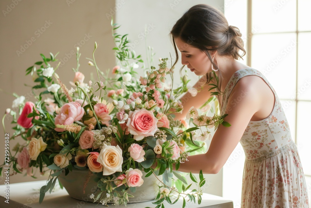 woman in a sundress arranging a floral centerpiece woman in a sundress arranging a floral centerpiece