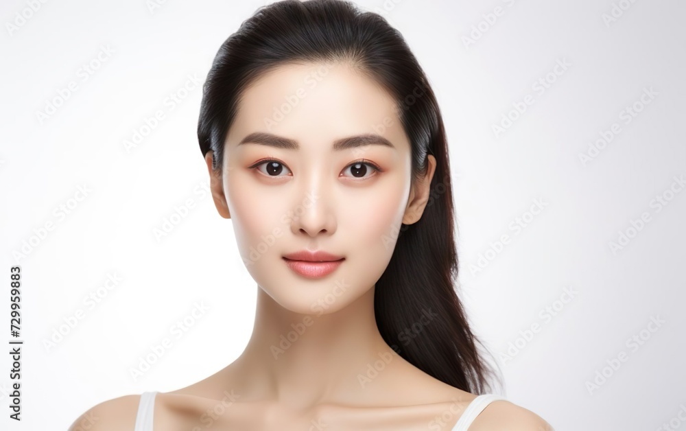 Asian women portrait. Beautiful young Asian woman with clean fresh skin isolated on white background. Face care, facial treatment, cosmetology, beauty and spa poster or banner. AI Generative. Asian women portrait. Beautiful young Asian woman with clean fresh skin isolated on white background. Face care, facial treatment, cosmetology, beauty and spa poster or banner. AI Generative.