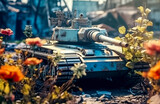 Panzer mit vielen Blumen in einer zerstörten Stadt, Generative AI