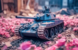 Panzer mit vielen Blumen in einer zerstörten Stadt, Generative AI