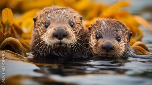 Newborn sea otter pup clinging to its mother's belly as they float on a kelp forest, wet fur and sparkling eyes © Abdul