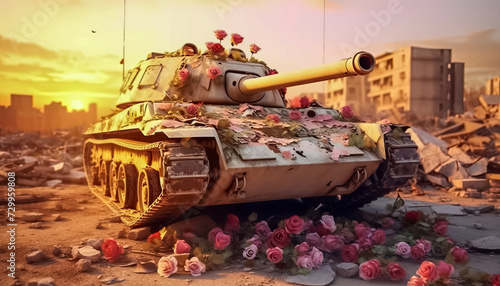 Panzer mit vielen Blumen in einer zerstörten Stadt, Generative AI photo