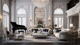 A grand luxury living room showcases a blend of classic and modern design, with architectural details, contemporary art, and ornate furniture