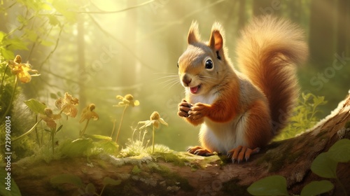 Squirrel kit nibbling on a nut in a sun-dappled forest, bushy tail and playful expression