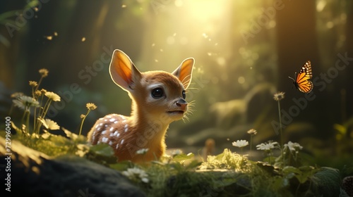 Curious baby deer sniffing a butterfly in a sun-dappled forest, long eyelashes and playful twitching noses