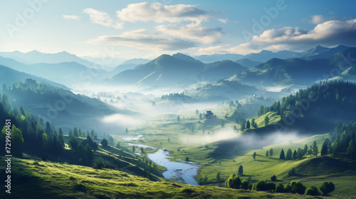 Foggy summer morning in the Carpathian mountains