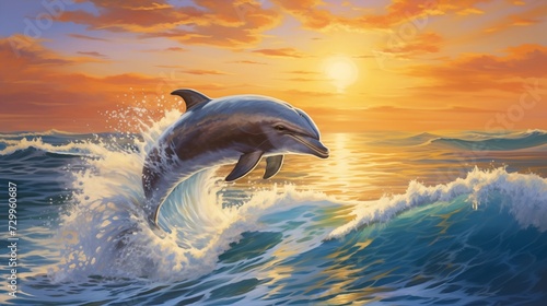 Playful dolphin calf leaping out of the ocean waves, glistening skin and joyful smiles