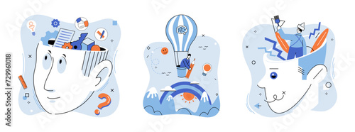 Mindset. Vector illustration. Attitude plays crucial role in personal improvement and success Motivation is driving force behind achieving your goals Intelligence and psychology are intertwined