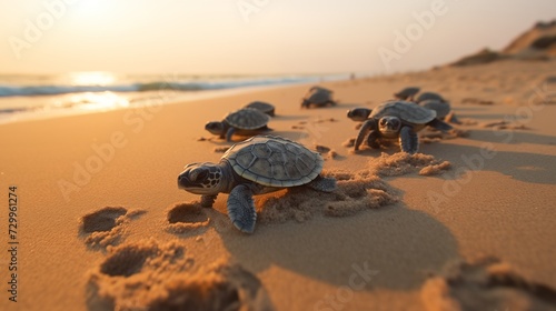 Newborn sea turtle hatchlings scurrying towards the ocean, tiny flippers and determined pace
