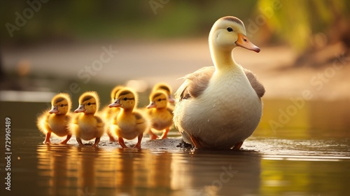 Adorable ducklings following their mother in a line across a pond, fluffy yellow feathers and paddling feet