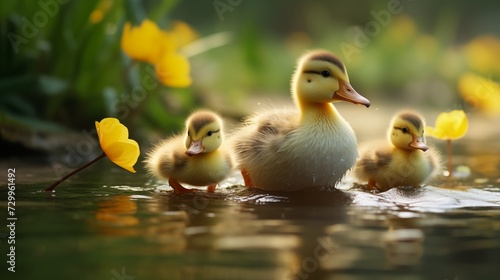 Adorable ducklings following their mother in a line across a pond, fluffy yellow feathers and paddling feet