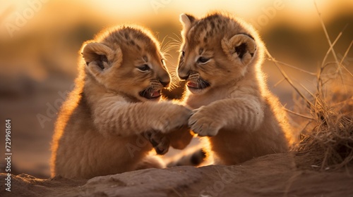 Playful lion cubs wrestling in the African savanna, fluffy manes and clumsy paws