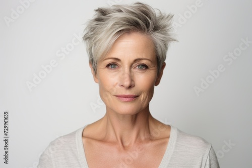 Portrait of beautiful mature woman with short hair, isolated on grey background