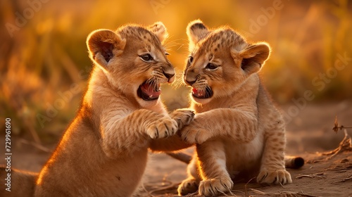 Playful lion cubs wrestling in the African savanna, fluffy manes and clumsy paws