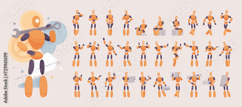 Embodied AI abstract male robotic figure, computer repair technician character set. Artificial intelligence bundle, virtual assistant body, digital appearance kit, minimalistic vector illustration