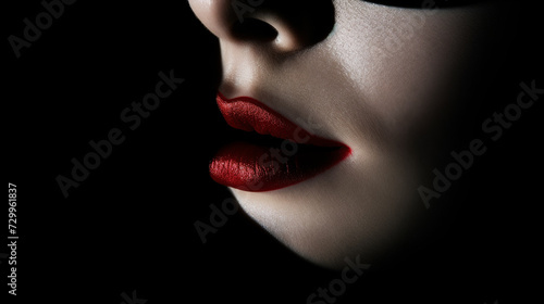 close-up shot, pale white face of a woman with moist red lips