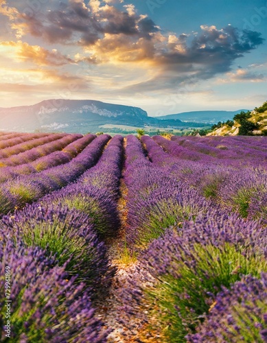 field of lavender  Stunning summer landscape in Provence  France with blooming violet fields  Lavender.wallpaper  background  Purple lavender field in Provence at sunset. png  Ai Generate 