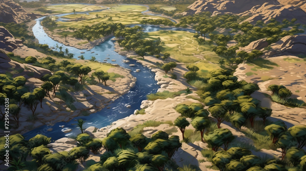 Aerial View of a Winding River Through a Desert Oasis