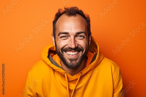 Portrait of a happy man in yellow hoodie on orange background © Inigo
