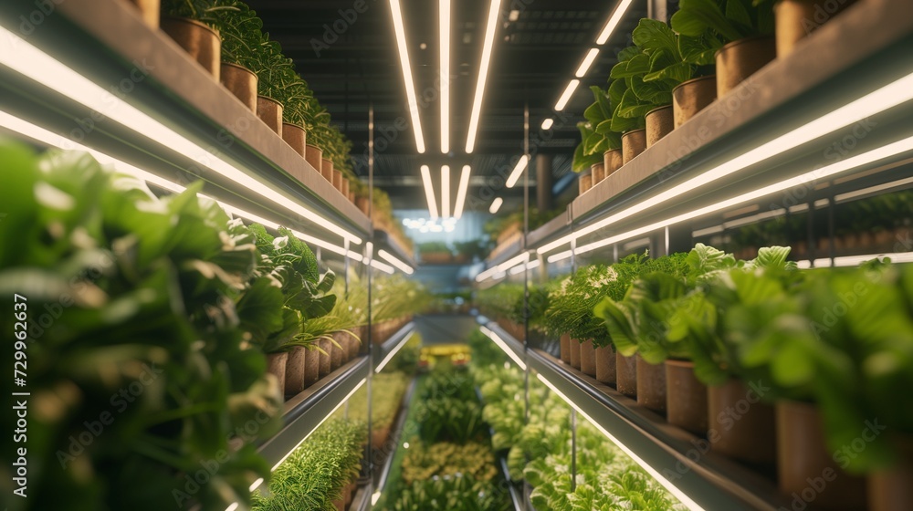 Vertical farming setup showcasing lush green plants growing in a soil-less hydroponic system with nutrient-rich water, under artificial LED lighting, representing sustainable agriculture technology.