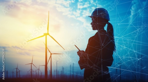 Engineers collaborates on a high-tech project to design efficient clean energy networks, focusing on the integration of wind turbines for sustainable power generation.