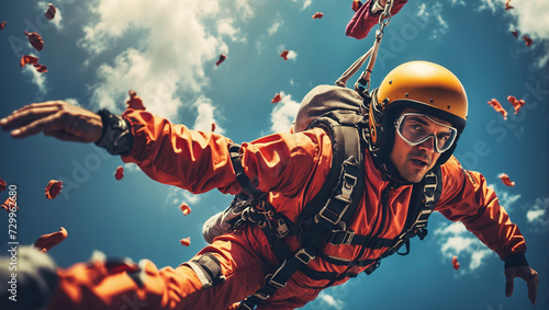 Skydiver in freefall high up in the air photo