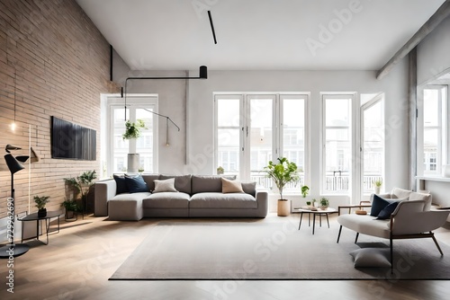 Interior of white living room with television mounted on a brick wall, full length windows and a grey sofa © palangsi