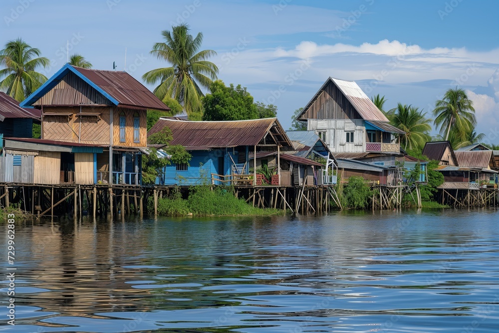 village houses on stilts by the waters edge