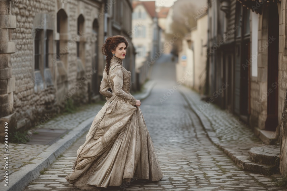 woman in victorian gown pausing on a cobblestone street