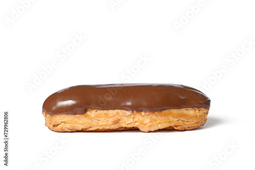 Classic Chocolate-Frosted Eclair on a White Background in a Studio Setting