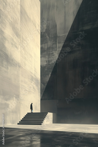 Anxiety, loneliness, depression. The solitude and anxiety of urban life, with a lone figure amidst vast, empty architectural spaces.