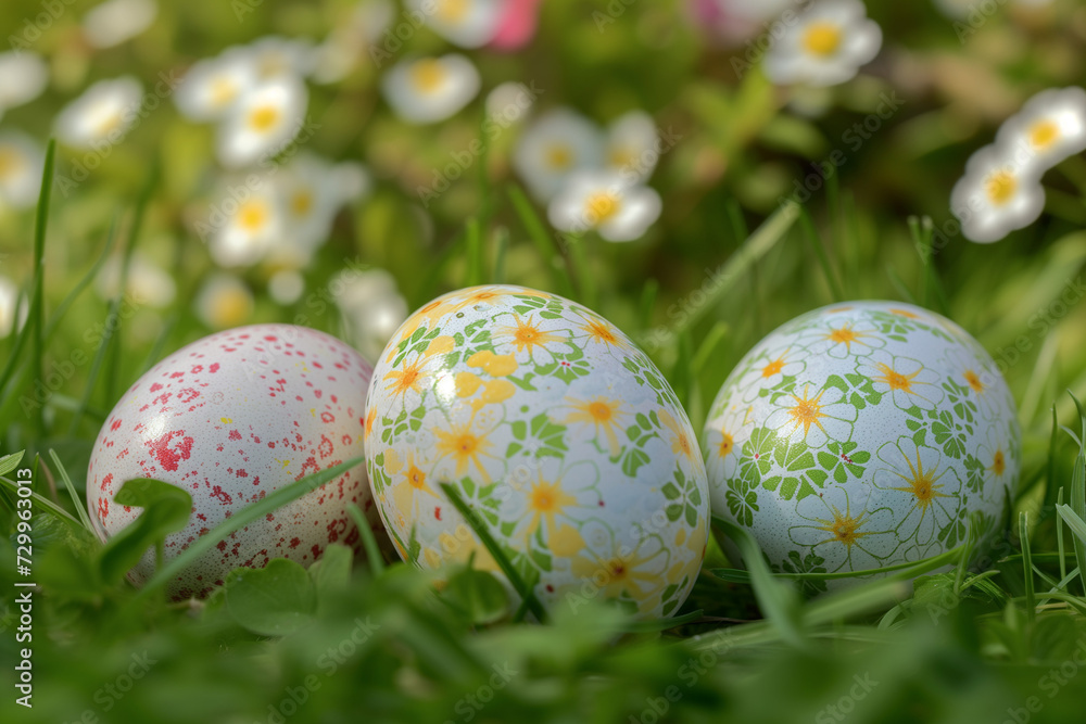 Easter eggs nestled in grass before a backdrop of white flowers, capturing the serenity and beauty of springtime festivities in nature's embrace