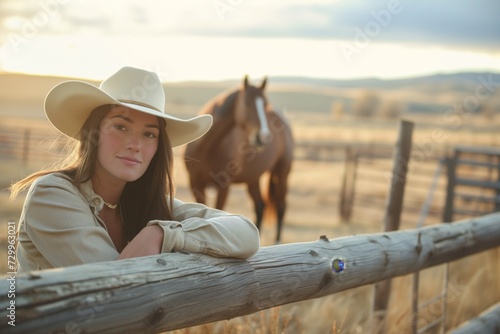 woman in cowboy hat leaning on a wooden fence, horse in background