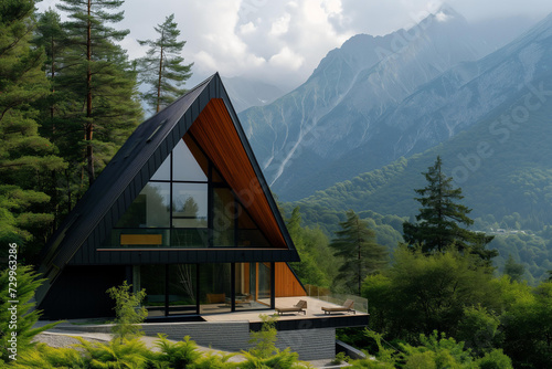 modern A frame forest chalet with panoramic windows. picturesque landscape of mountains and forests. outdoor recreation, ecotourism away from the bustle of the city