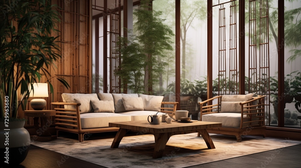 A luxury living room with an Asian-inspired design features bamboo furniture, silk drapes, and a tranquil Zen garden view