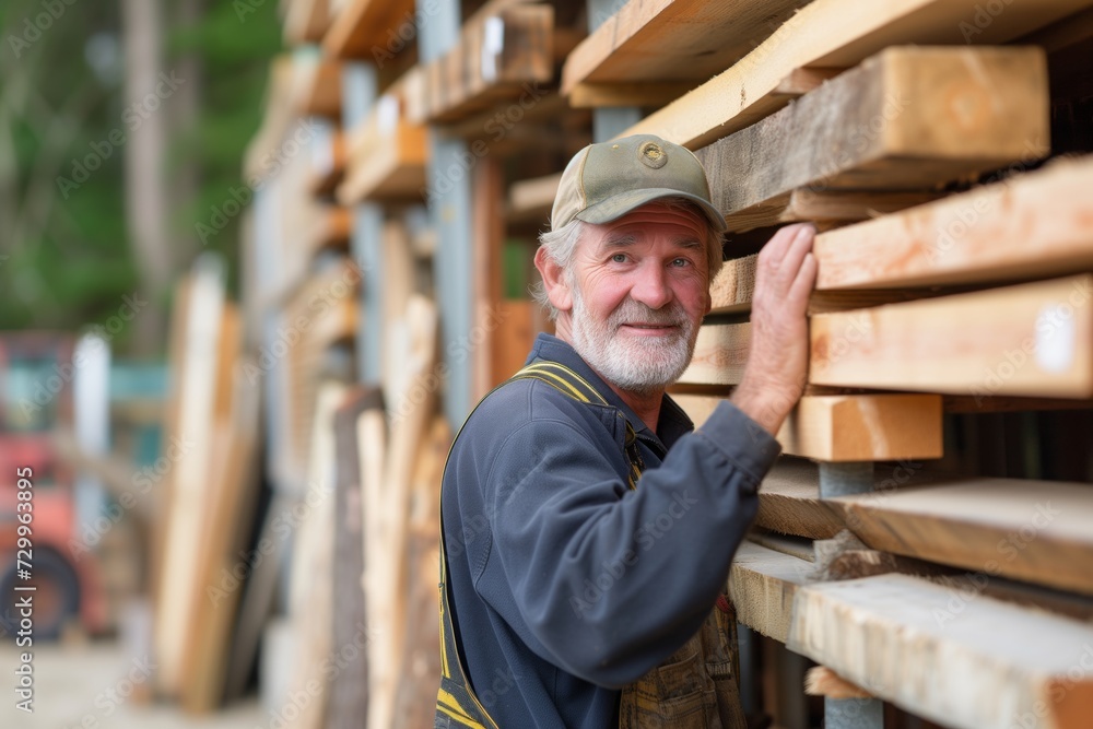 portrait of a craftsman selecting wood from a lumber yard rack portrait of a craftsman selecting wood from a lumber yard rack